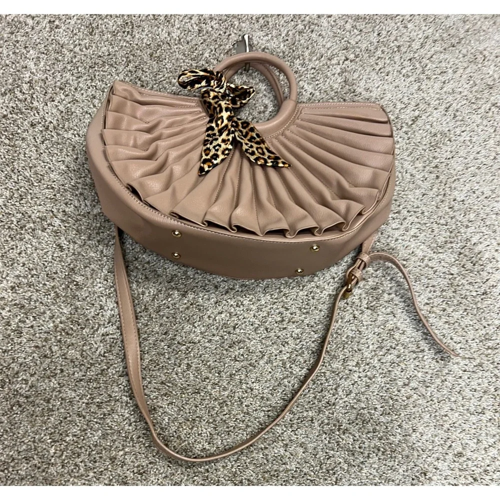 Taupe Pleated Fan Satchel Handbag with Leopard Scarf and Crossbody Strap